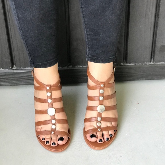 Bernardo Shoes Luggage Leather Embellished Vamp Block Heel Sandal